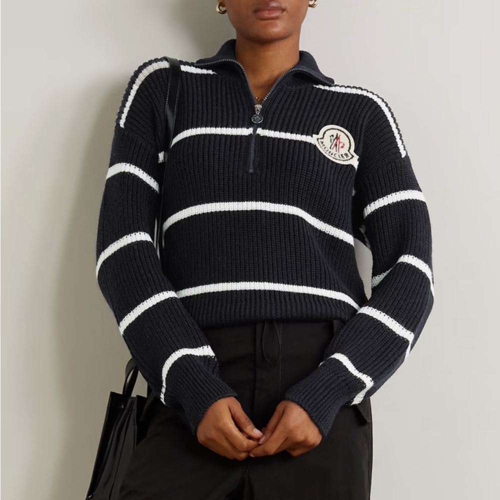 Moncler Navy and White Zip-Up Sweater